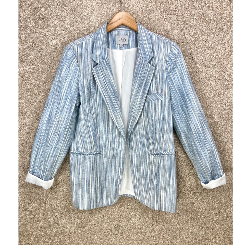 Dalia Linen Striped Open Front Blazer Women L Blue White Business Office Preppy